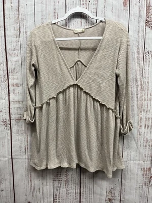 Top túnica Altard State romántico boho hadas mujer grande beige cuello en V mangas 3/4 Foto 1 de 4