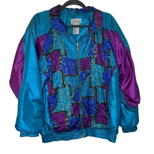 Basic Editions 80s windbreaker Zip Up Jacket Bright Purple and Blue Abstract 90s - Picture 1 of 6