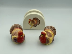 Thanksgiving Turkey Salt & Pepper Shakers Set and Napkin Holder Ceramic Brown - Picture 1 of 7