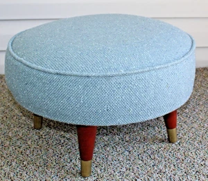 Vintage MCM Low Squat Blue Teal Round Vinyl Ottoman Foot Stool Legs 1960's - Picture 1 of 10