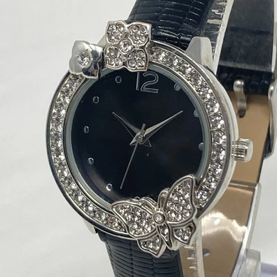 Reloj Mariposa Mujer 30mm Tono Plata Flores Cristal Brillante Batería Nueva 8.25" Foto 1 de 4