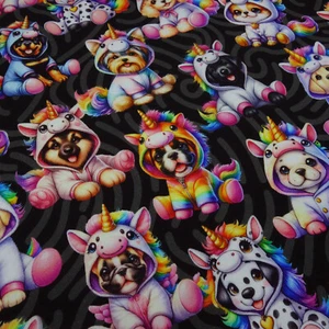 Stoff Baumwolle French Terry Unicorn Dogs Einhorn Hunde schwarz weiß bunt Kinder - Bild 1 von 5