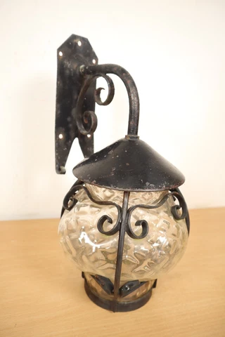 Vintage Wrought Iron Porch Lantern Bubble Blown Glass Arts & Craft Black Light Cover