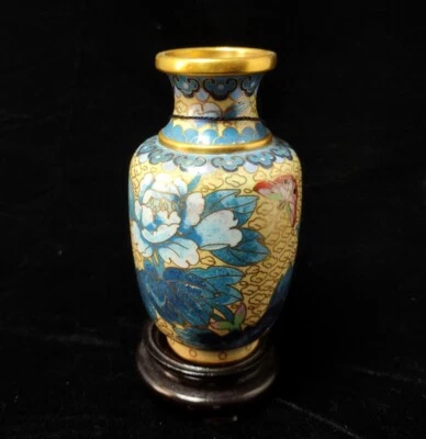 Jarrón Vintage China Cloison Latón Crema y Azul Floral Cloisonné Esmalte Soporte 5" Foto 1 de 4