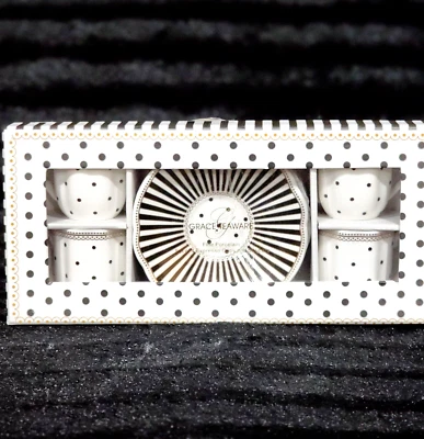 Caja de regalo Grace Teaware negras Josephine rayas puntos tazas de café espresso con platillos 8 piezas Foto 1 de 4