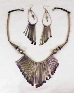 Runway Necklace & Earrings Silverplate Bib Tribal Boho Pierced Ears Leather VTG - Picture 1 of 6