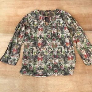 Fresh Produce Top Women L Black Green Geometric Crew Neck Long Sleeve Boho - Picture 1 of 12