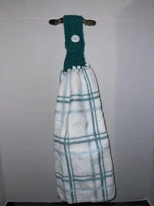 Hanging Double Kitchen Towel Teal Crocheted Top Turquoise White Plaid Checkered - Picture 1 of 4