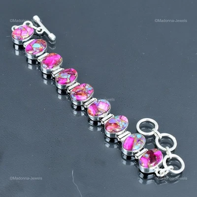 Natural Natural Kingman Pink Dahlia Turquoise Sister Chain Bracelet 925 Silver - Изображение 1 из 4