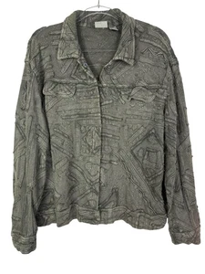 Chaqueta Chicos Mujer Talla Grande Gris Verde Apliques Texturizados Algodón Botón Frontal - Imagen 1 de 14