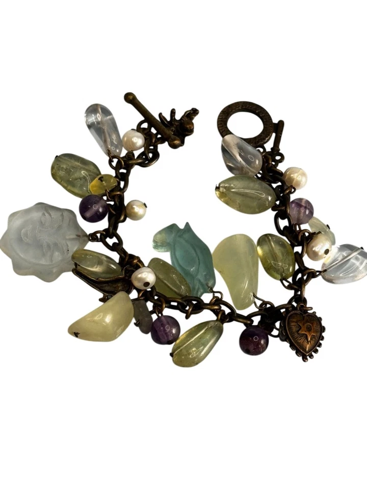 Pulsera Artesanal Dije Cuarzo y Cuentas de Vidrio Sol Corazón Pingüino Ángel 7" Foto 1 de 4