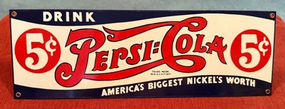 Pepsi-Cola America's Biggest Nickel's Worth Porcelain Enameled Sign- Ande Rooney - Image 1 of 2