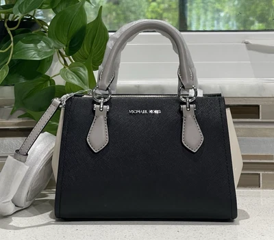 MICHAEL KORS MARILYN SMALL MESSENGER SATCHEL CROSSBODY BAG MK BLACK CREAM SILVER - Image 1 of 4