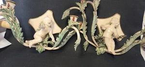 Antique French/Italian Enamel Tole Cherub Pair Wall Scones - Picture 1 of 12