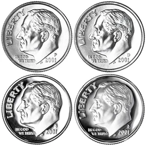 2001 P D S S Roosevelt Dime Year Set Silver & Clad Proof & BU US 4 Coin Lot - Picture 1 of 6
