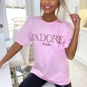 Womens T Shirt Ladies Oversized Baggy Fit Short Sleeve Slogan T-shirt Tee Tops - Picture 1 of 39