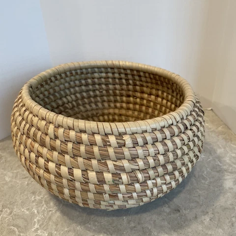 Vintage Hand Woven Round  Grass Coil Basket With Handles, 8x6” Cover