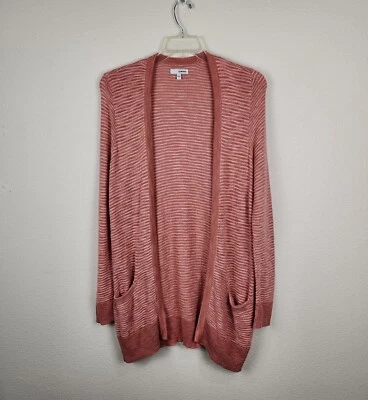 Cárdigan suéter Sonoma rosa frente abierto bolsillos a rayas talla grande para mujer Foto 1 de 4