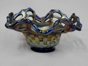 Vintage Fenton Carnival Glass Open Edge Basketweave Cnady Dish Bowl ~Cobalt Blue - Imagen 1 de 6