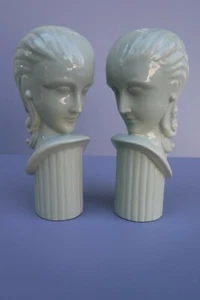 Lenox Attributed Pair Art Deco Pottery Lady Head Busts Pillars HTF Green - Picture 1 of 6