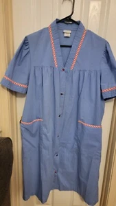 House Coat L Dress Womens Blue Snap Red Button Lounge Patio Muu Muu Quilted - Picture 1 of 9