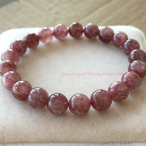 6/8/10mm Pink Strawberry Quartz Crystal Round Gemstone Beads Bracelet 7.5''