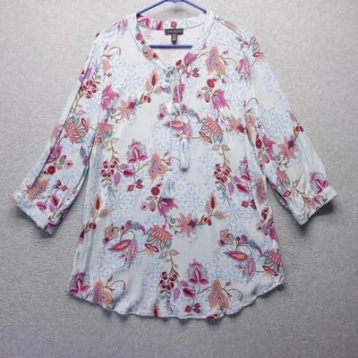 Tribal Tunic Top Womens L Blue Pink Floral Boho 3/4 Sleeve Tassel Bloomcore Art - Image 1 of 4