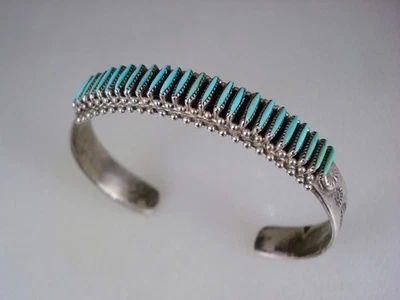 VINTAGE Bryant Waatsa ZUNI STERLING SILVER & NEEDLEPOINT TURQUOISE ROW BRACELET - Image 1 of 4