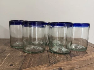 COBALT BLUE RIM TUMBLER HANDBLOWN GLASSES - SET OF 6 (10 OZ EACH - Picture 1 of 13