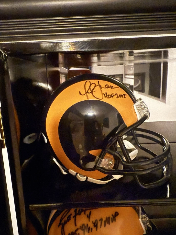 Marshall Faulk Autographed Rams HOF Inscr Rep Throwback Signed Helmet JSA COA - Image 1 of 1