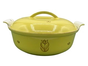 Vintage DRU Holland Round 8qt #32 Yellow Tulip Enamel Cast Iron Dutch Oven - Picture 1 of 11