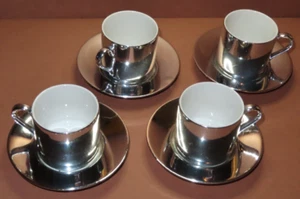 Omnibus Japanese Silver Porcelain Demitasse Tea/Coffee Cups & Saucers Set of (4) - Picture 1 of 23