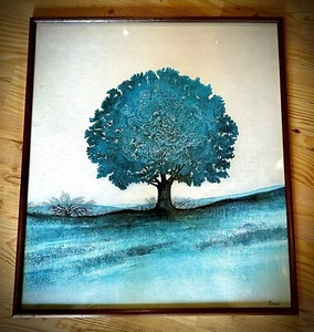 Pascal Nr. 15 Baum in Blau Lithografie Leinenoptik 49,5x55 Gerahmt mit Scheibe - Bild 1 von 2