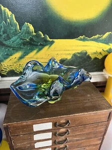 Mid Century Chribska Czech Bohemia Glass Green Blue Tulip Vase Josef Hospodka - Picture 1 of 10