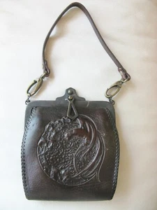 Antique Art Nouveau Deco Bird Of Paradise Tooled Brown Leather Purse JEMCO - Picture 1 of 10