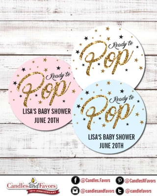Ready To Pop® Round Personalized Baby Shower Sticker Labels | Pop Gold Glitter - Image 1 of 3