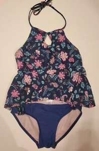 Girls Swimsuit Tankini Bikini Size 8 Navy Pink Flowers - Picture 1 of 4