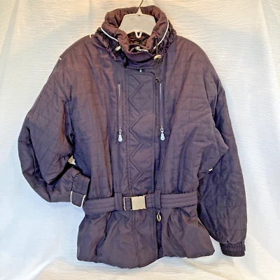 Sz 14 1990s Vtg Kaelin Black Ski Jacket Belt ZigZag Quilted Heart Womens Skiwear - Image 1 of 4