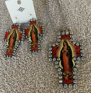 Necklace Long Virgin De Guadalupe Cross Rhinestone Fashion Jewelry Set - Picture 1 of 12