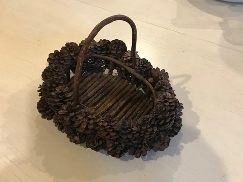 Vintage Handmade Pine Cone and Twig Basket with Handle..Fall Decor..Christmas Cover