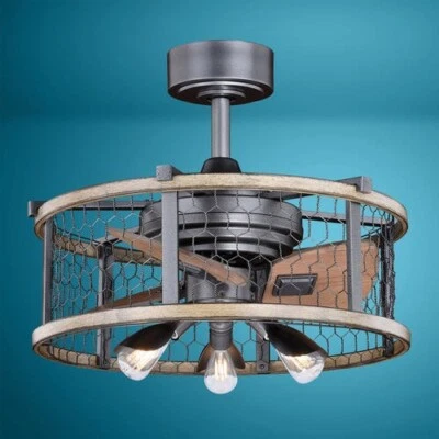 21" Natural Iron Distressed Faux Wood Fandelier Metal Mesh Cage Shade LED Lamp - Image 1 of 4