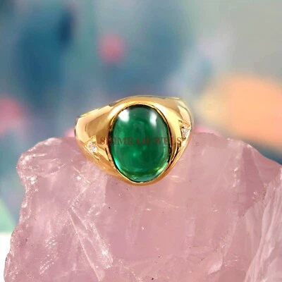 Simulierte Smaragd Edelstein Mit Vergoldet 925 Sterlingsilber Herren Ring #890 - Bild 1 von 4