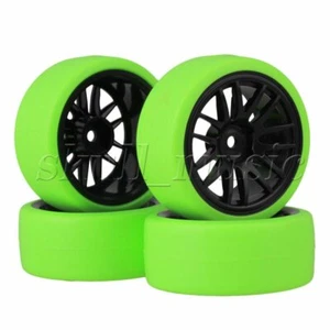 4pcs RC1:10 On Road Car Black 14 Spoke Wheel Rims + Green Drift Tyres - Picture 1 of 8