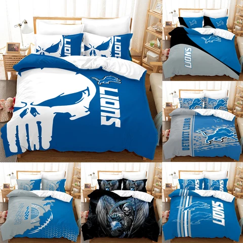 Detroit Lions Bedding Set Football Soft Duvet Cover With 2 Pillowcases Gift Cover