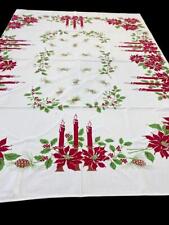 Christmas Vtg Holiday MCM Bridge Tea Tablecloth 58x50" Candles Holly 50s Linen