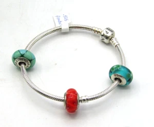 PANDORA TURQUOISE FLOWER & CORAL 7.75" CHARM BRACELET STERLING 925 JB18 - Picture 1 of 6