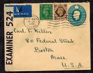 WWII England 1942 Censor Cover w/ Tape 524 Type 1F Slough, UK to Boston, MA - Picture 1 of 1