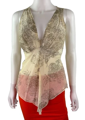 Blusa Rozae Nichols autêntica 4 EUA 40 IT S P dourada bege algodão seda vestido passarela - Imagem 1 de 4