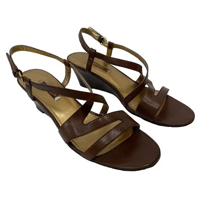 Ecco Brown Leather Sandal 10-10.5 EU 41 Strappy Slingback Buckle Wedge Open Toe - Image 1 of 4