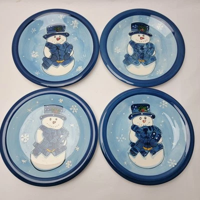Libbey Snowman 8.5" Plates Blue Rim, Christmas Holiday, Set Of 4 Snowflake Xmas - Image 1 of 4
